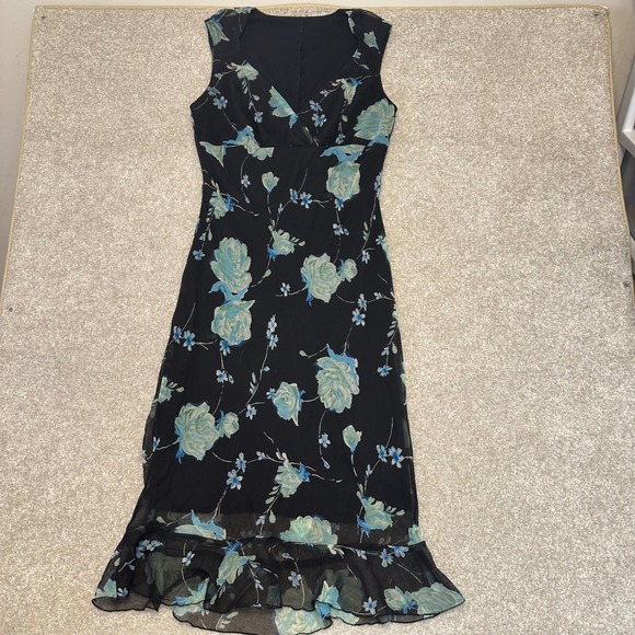 Vintage Dresses & Skirts - Vintage Floral V-Neck Midi Dress Black Blue Ruffle Hem Sleeveless Made in USA